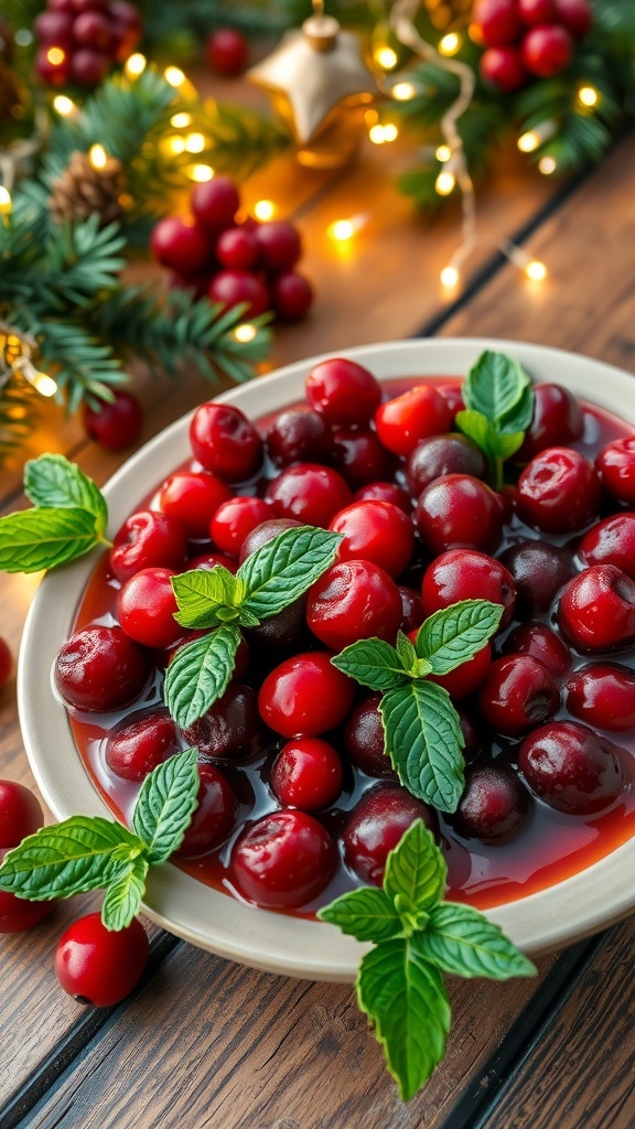 Christmas Aesthetic Love Recipe Festive cranberry dish garnished with mint on a rustic table with holiday decorations.